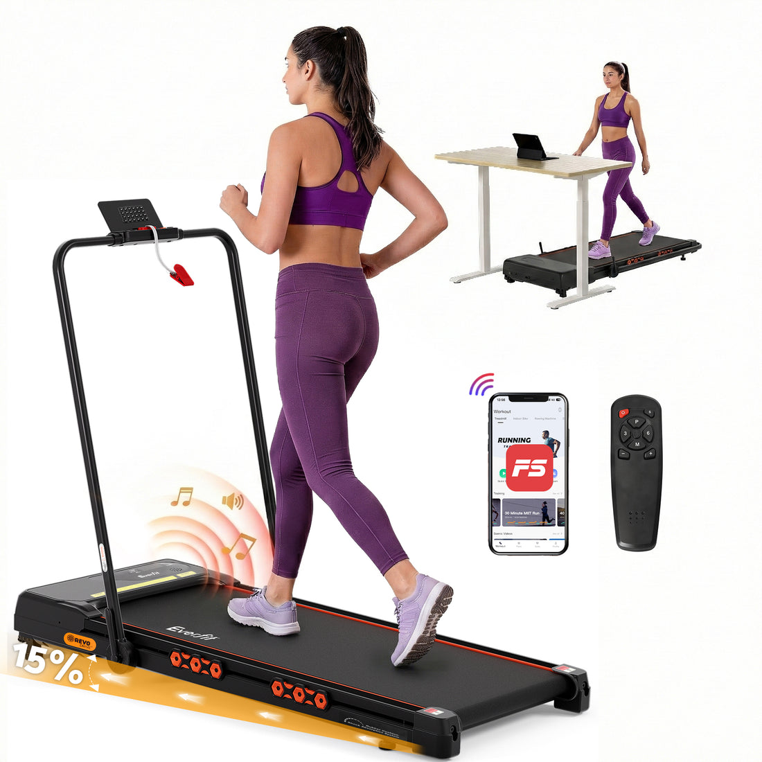 Everfit Walking Pad Treadmill Auto Incline 14km/h 3.2HP Black