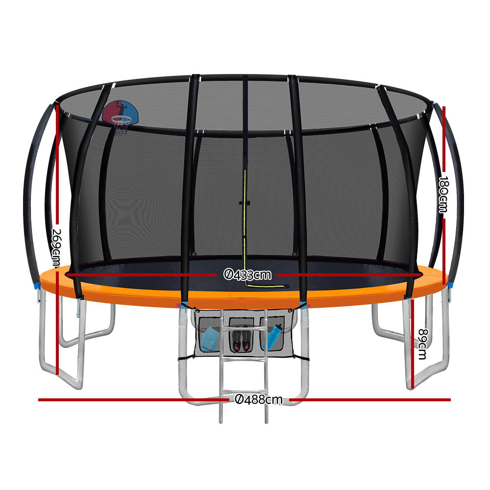 Everfit 16FT Kids Trampoline with Safety Net Ladder and Basketball Set Orange