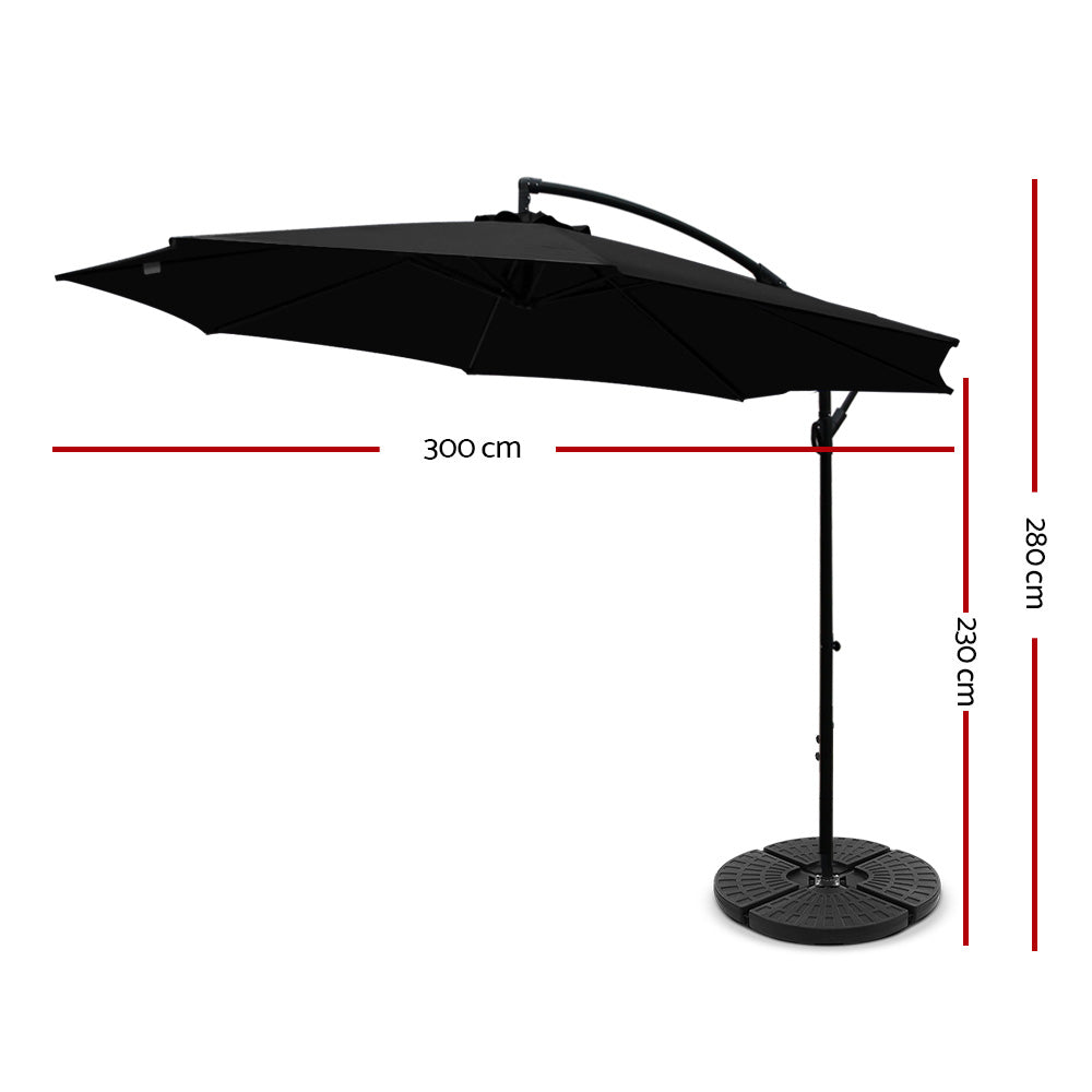 Instahut Cantilever Umbrella UV50+ Side Post 3m Black with Base