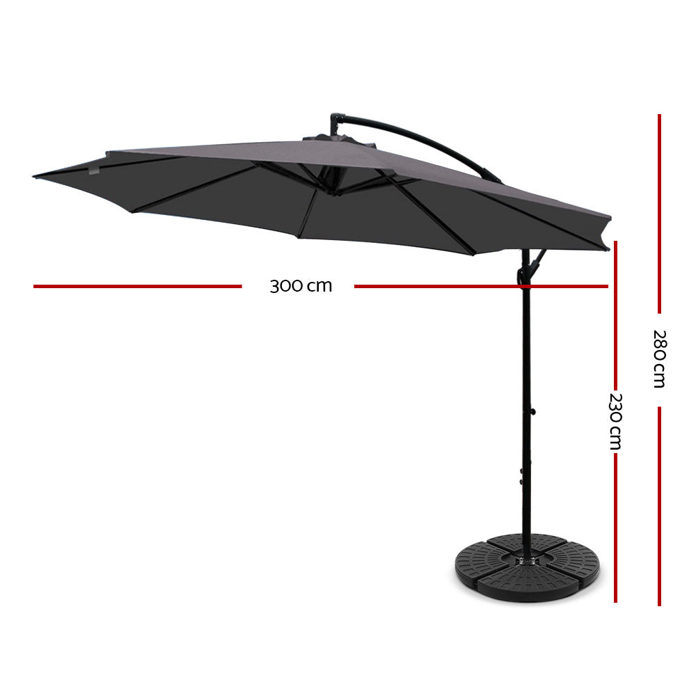 Instahut Cantilever Umbrella UV50+ Side Post 3m Charcoal with Base