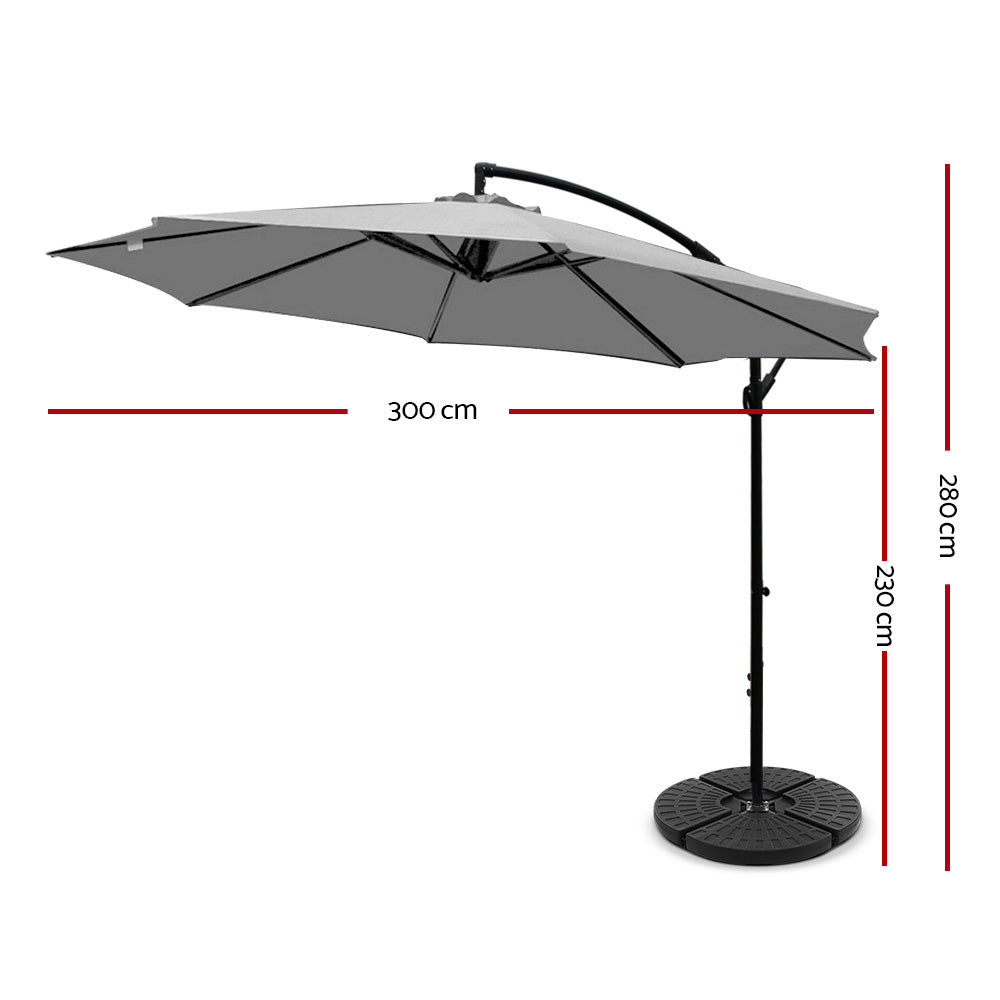 Instahut Cantilever Umbrella UV50+ Side Post 3m Grey with Base