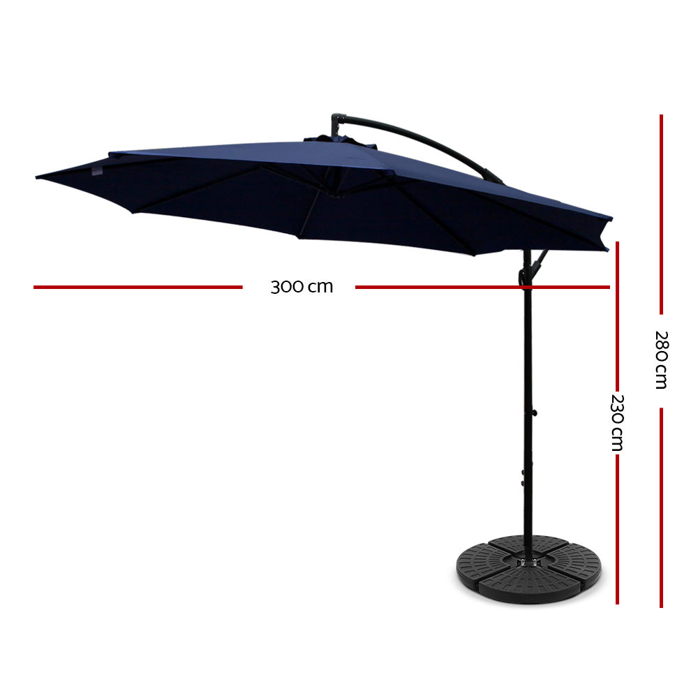 Instahut Cantilever Umbrella Side Post UV50+ 3 m Navy with Base