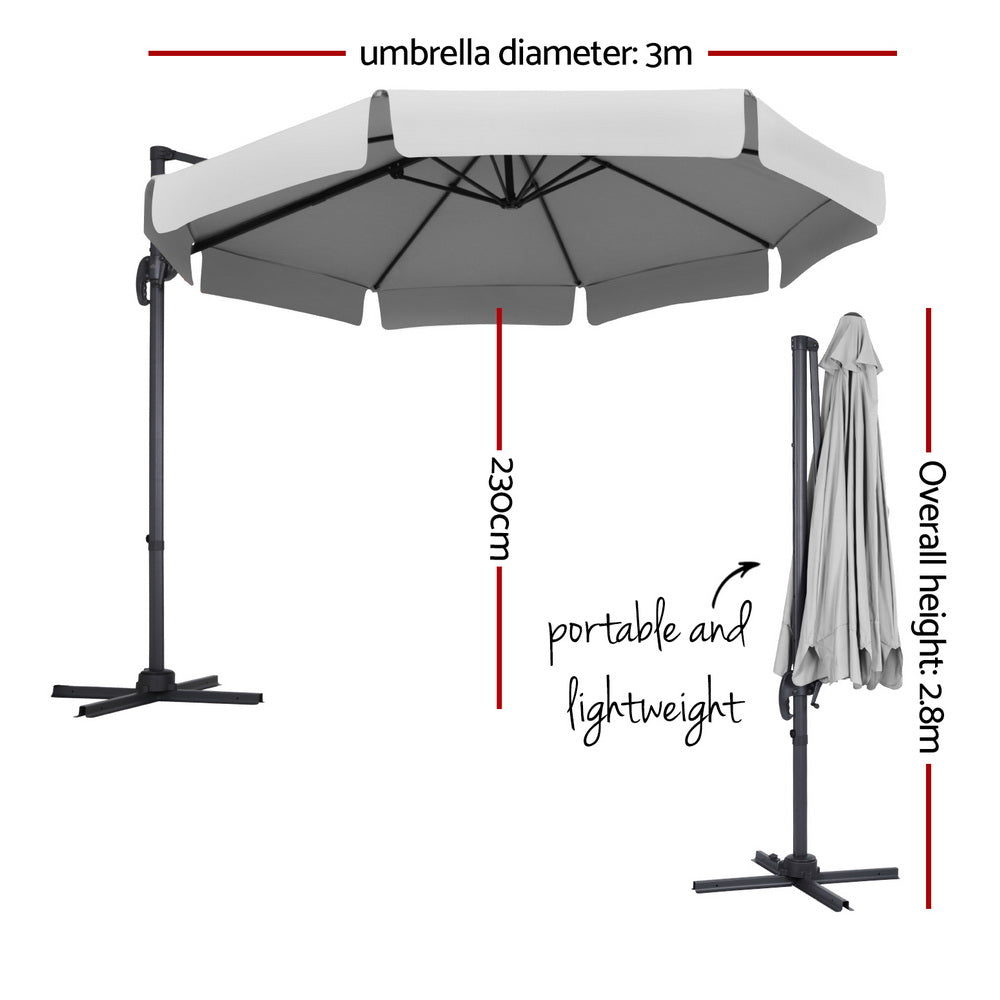 Instahut Side Post Umbrella 360 Rotatable UV50+ 3m Grey