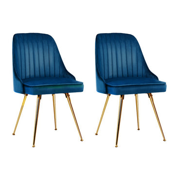 Artiss Velvet Channel Tufted Dining Chair Gold Legs Blue Set of 2