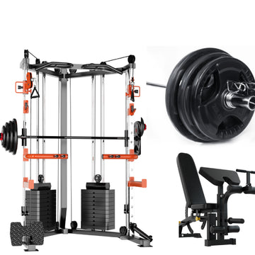 SmartFit C1 Max Cable Crossover Station with Bench and Barbell