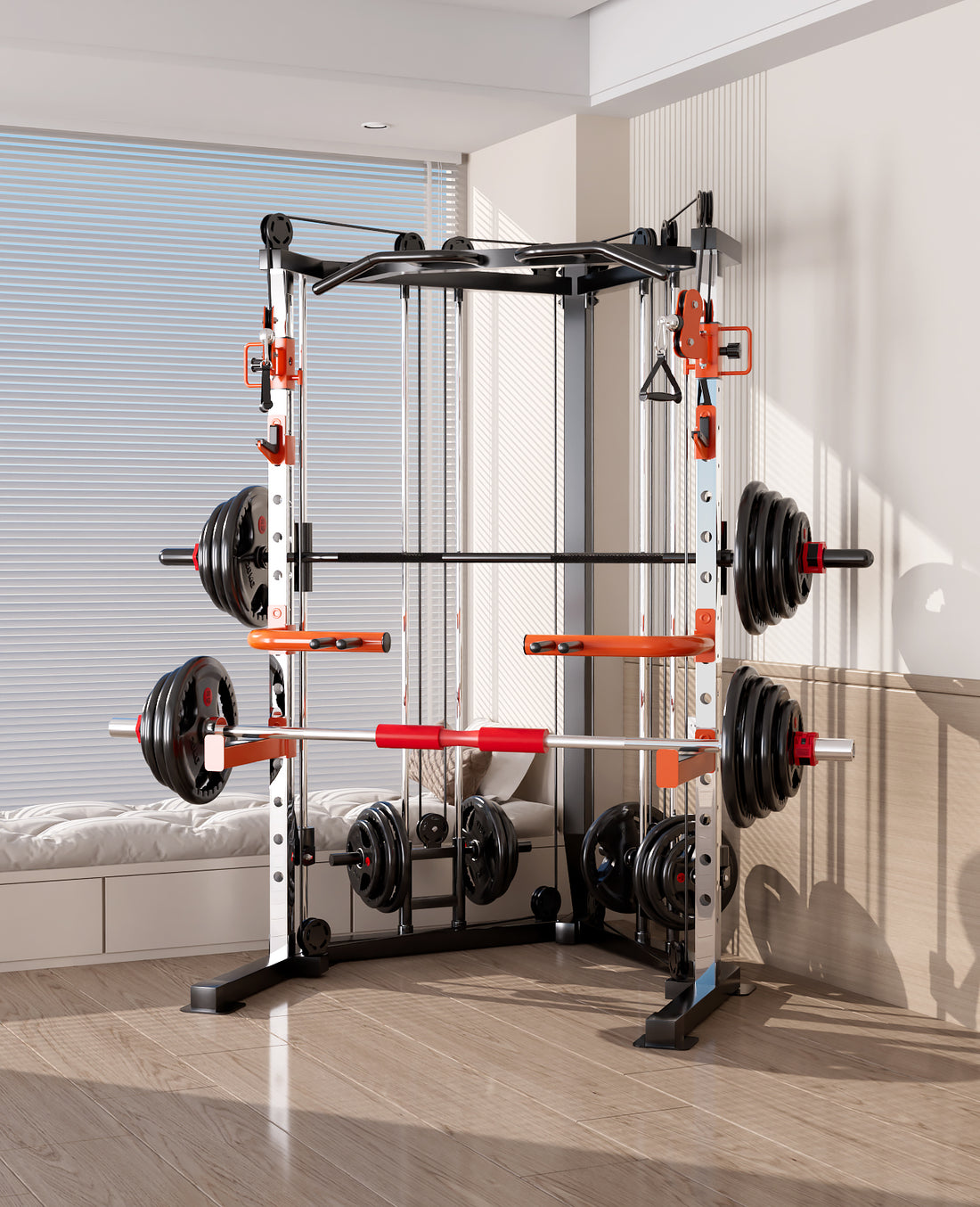 SmartFit Cable Crossover Station with Multi-Function Bench and Olympic Barbell 130kg
