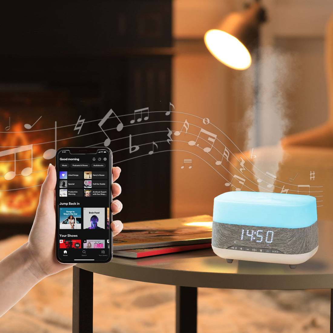 Laser Ambient Diffuser Clock Radio LED Light Bluetooth Speaker