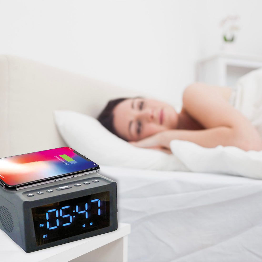 Laser Wireless Charging Bluetooth Alarm Clock FM Radio 10W
