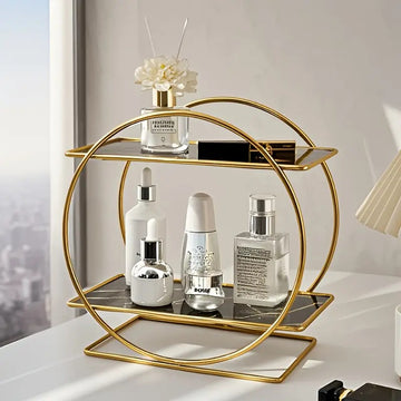 Elegant Golden Two-Tier Metal Cosmetic Organizer Shelf Gold