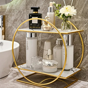 Elegant Golden Two-Tier Metal Cosmetic Organizer Shelf Gold