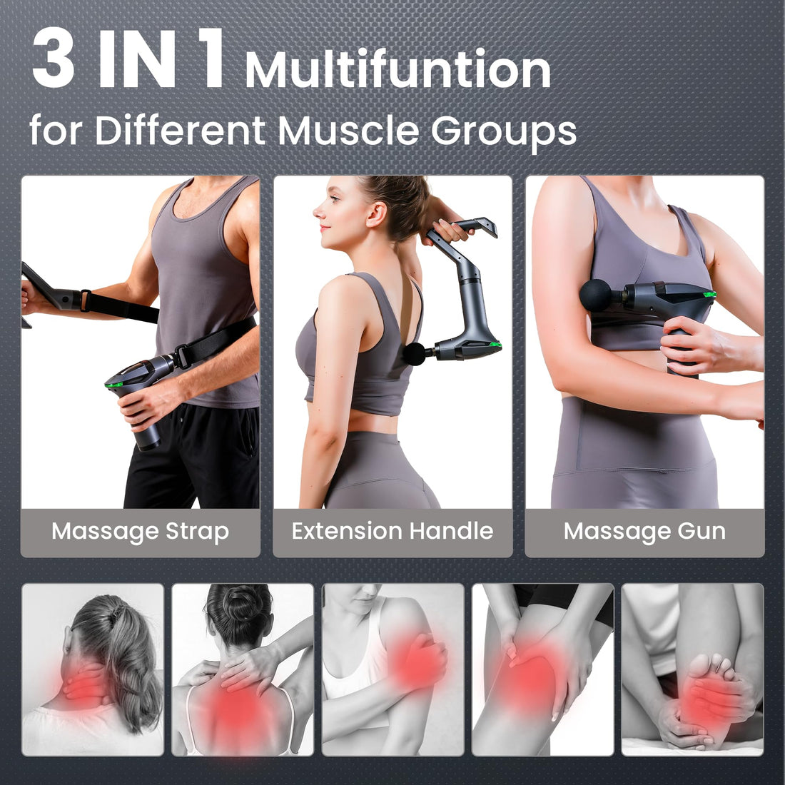 Black 3-in-1 Massage Gun Extendable Handle Back Strap 12 Speeds