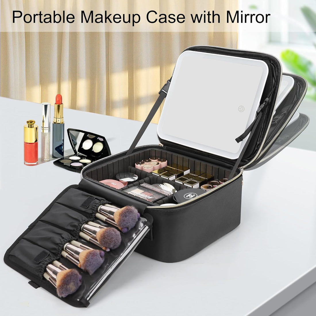 Vortaz LED Makeup Case with Mirror 3 Light Modes Waterproof PU Black