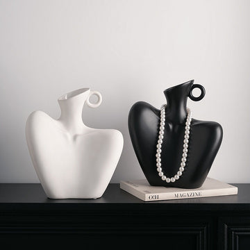 Wabi-Sabi Human Form Ceramic Vase Set 2-Piece Black and White
