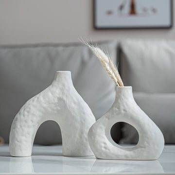 Minimalist White Ceramic Vase Set 2-Piece Arched and Round
