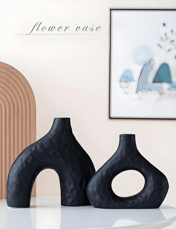 Minimalist Black Ceramic Vase Set 2-Piece Arched and Round
