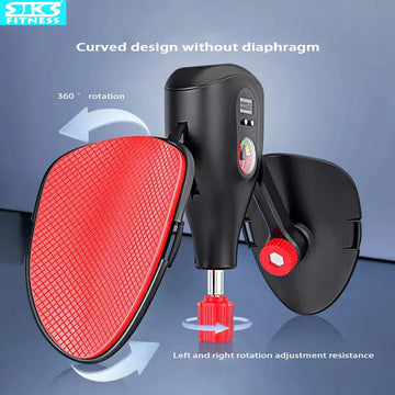 SKS Fitness push-up disc with red non-slip curved pad showing 360° rotation and red resistance adjustment knob