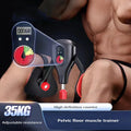 Pelvic floor muscle trainer in use between knees with 35KG resistance gauge and LED counter showing 00068