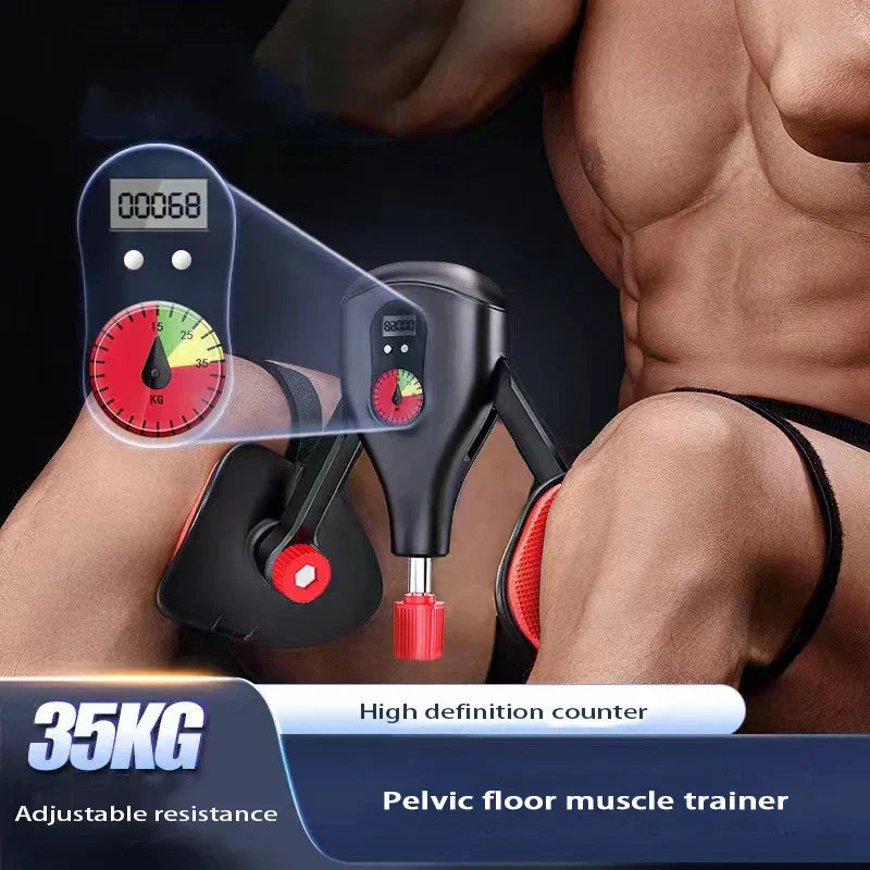 Pelvic floor muscle trainer in use between knees with 35KG resistance gauge and LED counter showing 00068