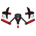 Top-down view of dual-mode trainer with pads and red grip handles extended showing open-close squeeze motion arrows