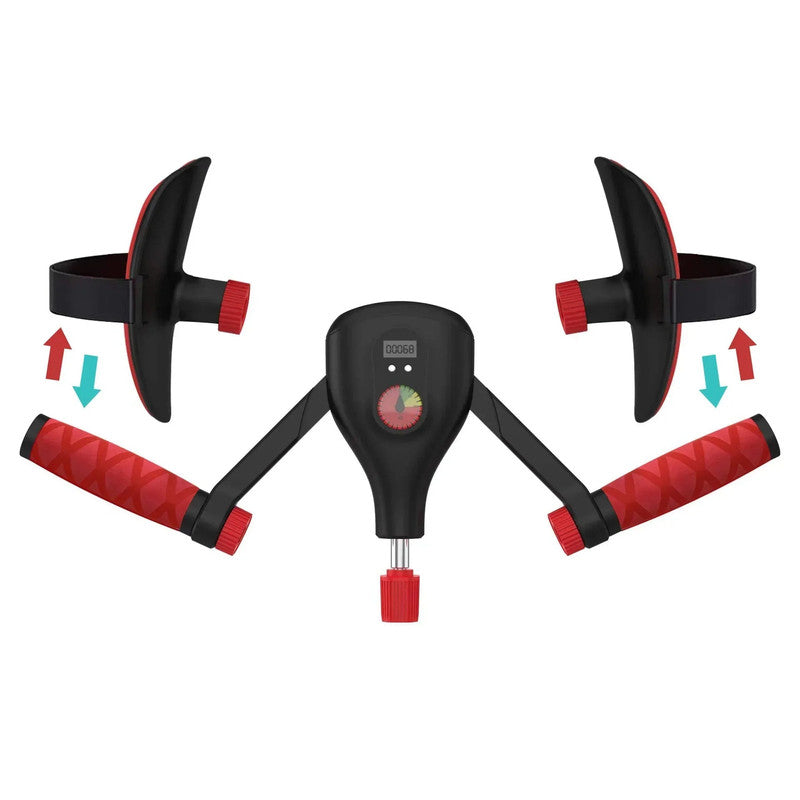 Top-down view of dual-mode trainer with pads and red grip handles extended showing open-close squeeze motion arrows