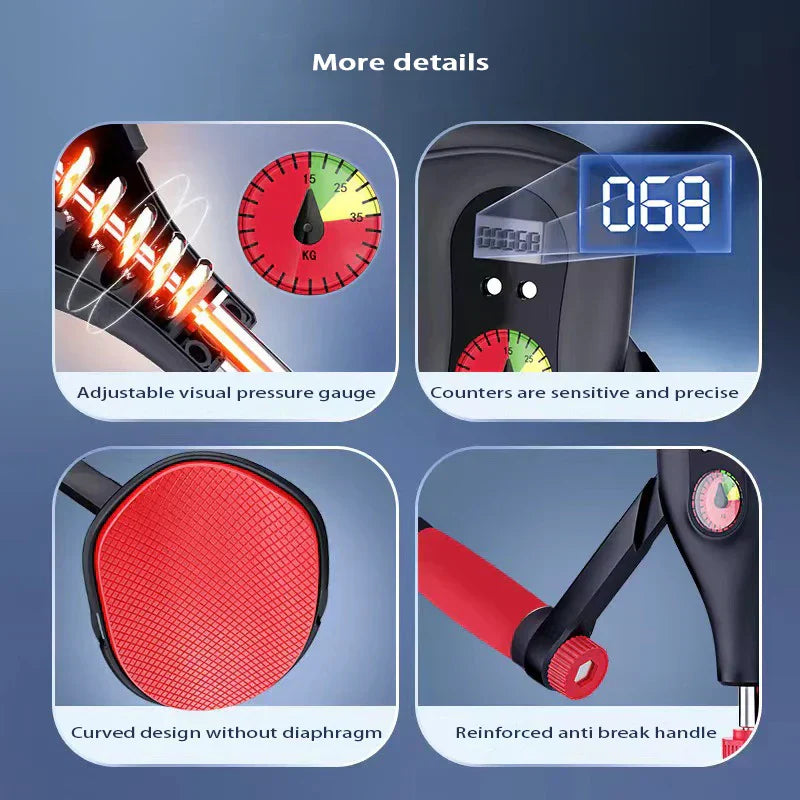 Four detail panels showing KG pressure gauge, LED counter at 068, red curved pad and reinforced handle with red grip
