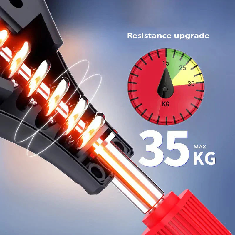 Close-up of resistance spring coils with 35KG max pressure gauge and red adjustment knob on blue background