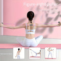 woman in white activewear using figure-eight resistance puller seated on pink yoga mat rear view
