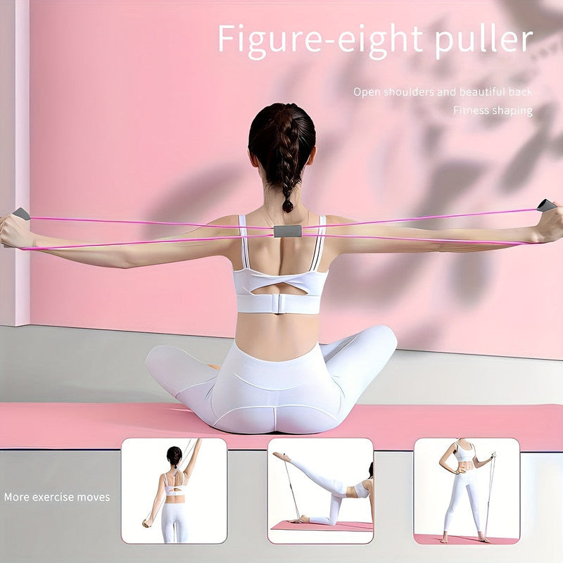 woman in white activewear using figure-eight resistance puller seated on pink yoga mat rear view