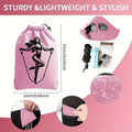 pink yoga fitness kit arranged in circle on white surface with carry bag workout schedule card