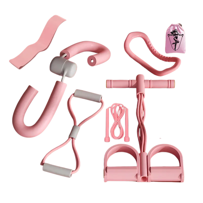 pink yoga 8-piece fitness kit on white background showing ab roller resistance tubes and carry bag