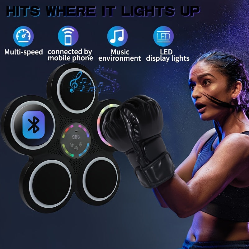 5-pad music boxing machine with RGB LED rings beside woman boxer, icons show Bluetooth multi-speed music and LED features