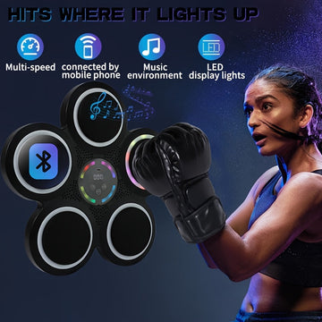 5-pad music boxing machine with RGB LED rings beside woman boxer, icons show Bluetooth multi-speed music and LED features