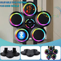 5-pad music boxing machine with rainbow LED rings wall-mounted, insets show mounting bracket back panel and side view