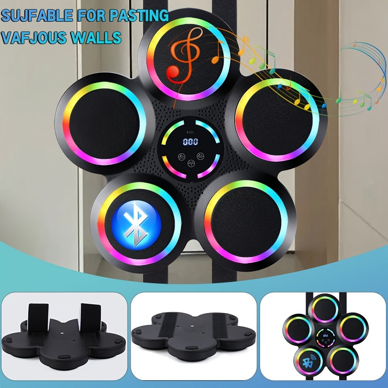 5-pad music boxing machine with rainbow LED rings wall-mounted, insets show mounting bracket back panel and side view