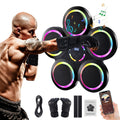 Man in boxing gloves punching 5-pad music boxing machine, accessories below include USB cable gloves straps and manual
