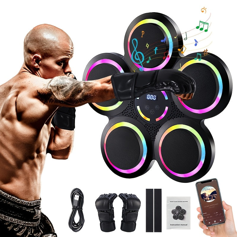 Man in boxing gloves punching 5-pad music boxing machine, accessories below include USB cable gloves straps and manual