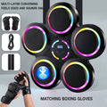5-pad music boxing machine on grey background with LED display, inset shows gloves USB cable and velcro straps accessories