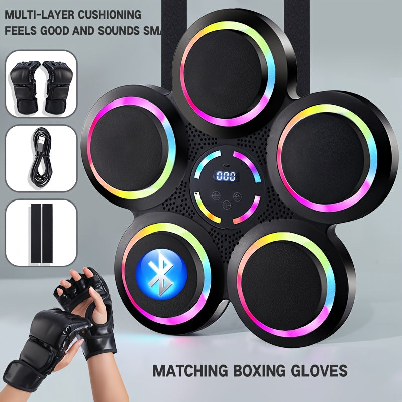 5-pad music boxing machine on grey background with LED display, inset shows gloves USB cable and velcro straps accessories