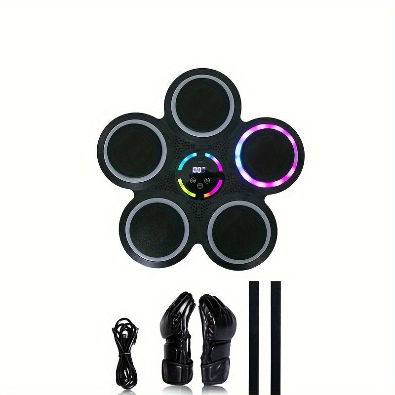 Top-down view of 5-pad music boxing machine on white background with USB cable boxing gloves and velcro straps below