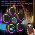5-pad music boxing machine with rainbow LED rings and Bluetooth icon shown beside smartphone on colourful background