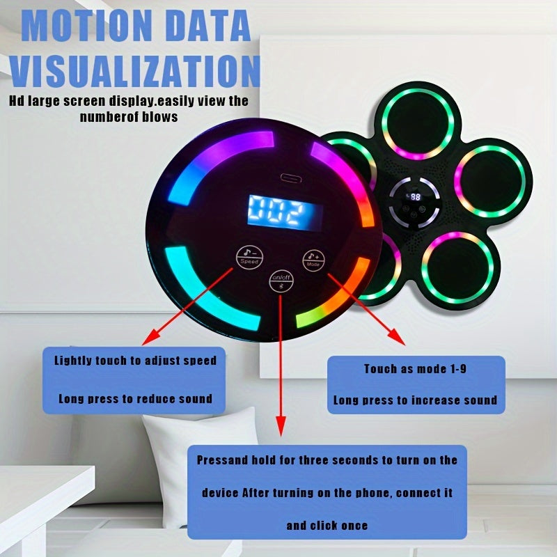 Music boxing machine LED panel diagram with speed on/off and mode button labels, unit shown wall-mounted in room