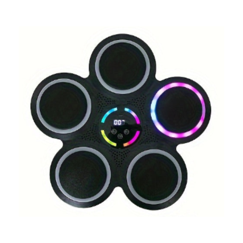 5-pad music boxing machine top-down view on light background with partial rainbow LED ring lit and central LED display
