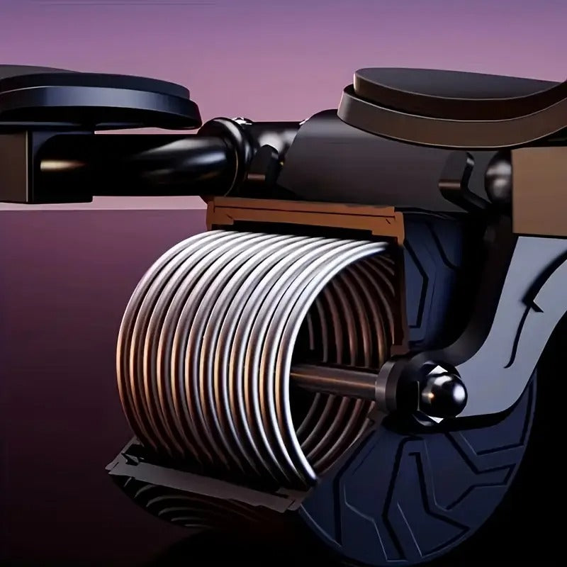 Close-up of grooved ab wheel showing textured ridges and metal axle on gradient background