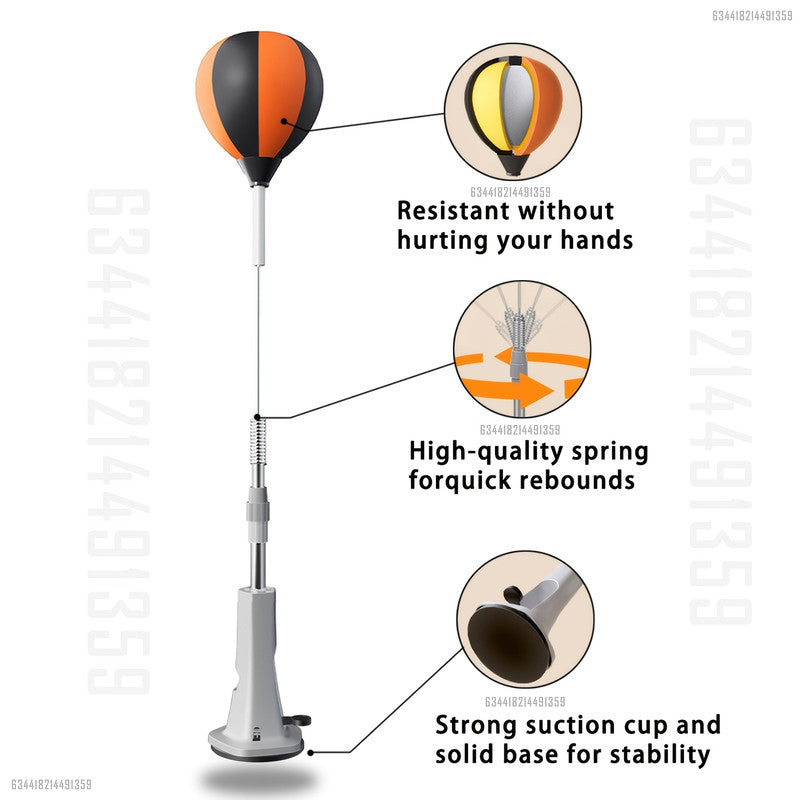 Speed bag on stand with callout details showing inner padding, rebound spring and suction cup base