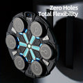 Round black wall boxing pad machine with 6 grey strike pads and blue LED lights, text reads Zero Holes Total Flexibility