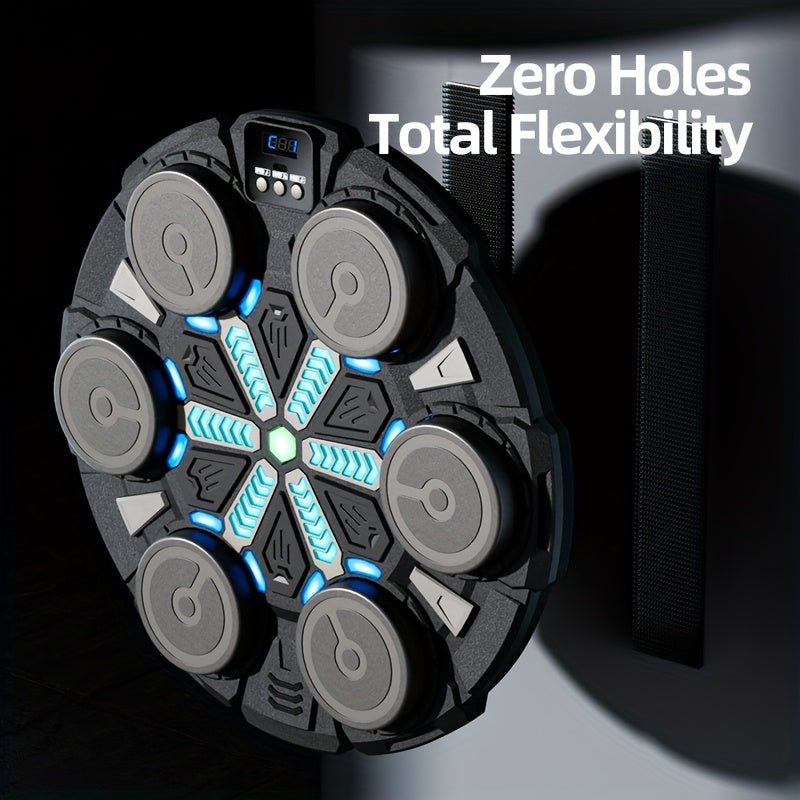 Round black wall boxing pad machine with 6 grey strike pads and blue LED lights, text reads Zero Holes Total Flexibility