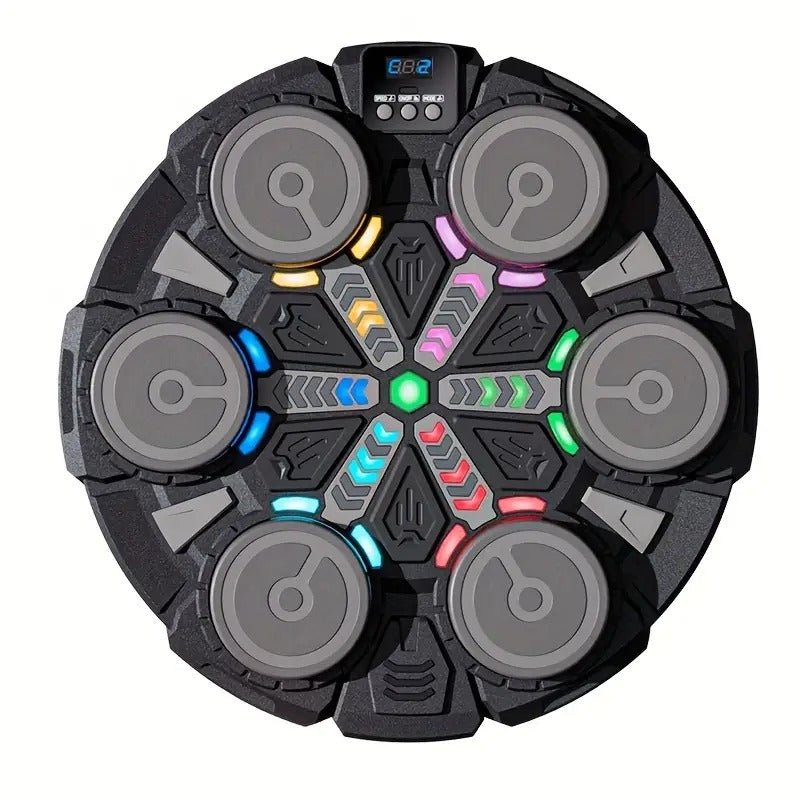 Round black music boxing machine with 6 grey strike pads and multicoloured LED lights on white background, top-down view