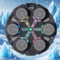 Black circular boxing machine with 6 grey strike pads and multicoloured LED lights, displayed against icy winter background