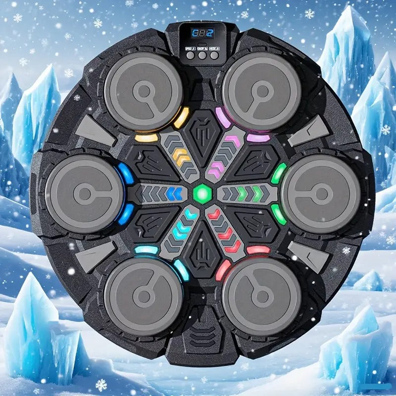 Black circular boxing machine with 6 grey strike pads and multicoloured LED lights, displayed against icy winter background