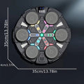 Dimension diagram of round black boxing machine 35cm x 35cm x 4cm with 6 grey LED-lit strike pads on dark background